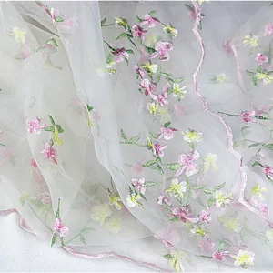 138cm Width x 95cm Length Pink and Yellow Floral Embroidery Organdy Lace Fabric