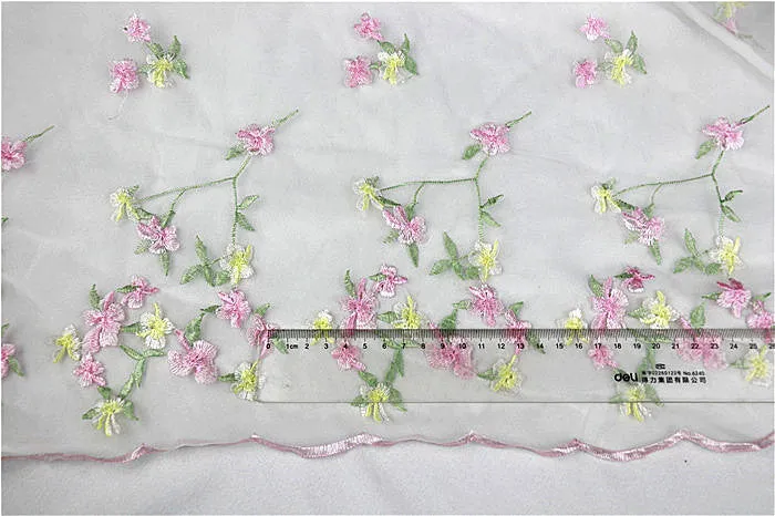 138cm Width x 95cm Length Pink and Yellow Floral Embroidery Organdy Lace Fabric