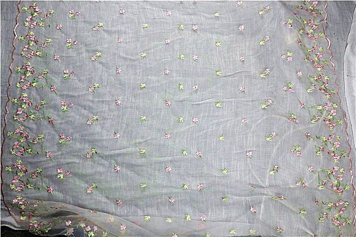 138cm Width x 95cm Length Pink and Yellow Floral Embroidery Organdy Lace Fabric
