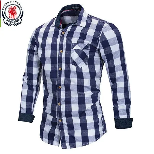 2020 New Men 100% Cotton Plaid Shirt Long Sleeve Slim Fit Dress Shirts Casual Fashion Business Social Shirt Plus Size M-3XL 099