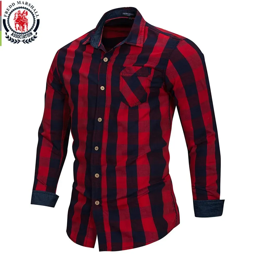 2020 New Men 100% Cotton Plaid Shirt Long Sleeve Slim Fit Dress Shirts Casual Fashion Business Social Shirt Plus Size M-3XL 099