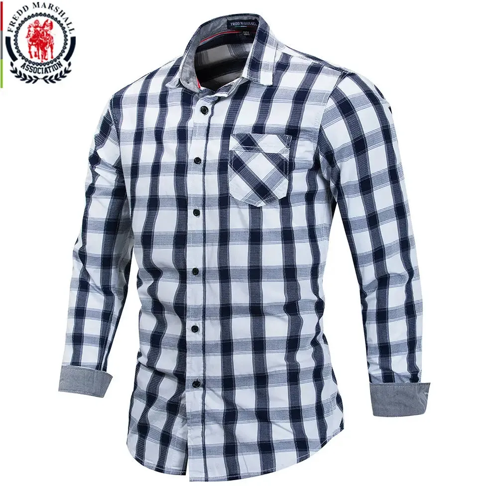 2020 New Men 100% Cotton Plaid Shirt Long Sleeve Slim Fit Dress Shirts Casual Fashion Business Social Shirt Plus Size M-3XL 099