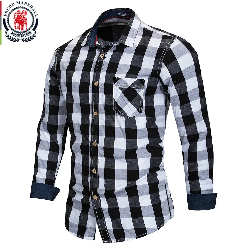 2020 New Men 100% Cotton Plaid Shirt Long Sleeve Slim Fit Dress Shirts Casual Fashion Business Social Shirt Plus Size M-3XL 099