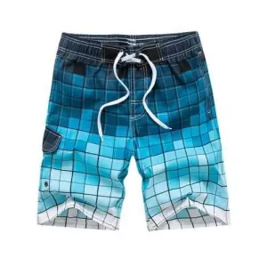 Allover Square Print Drawstring Beach Shorts - Cobalt Blue L