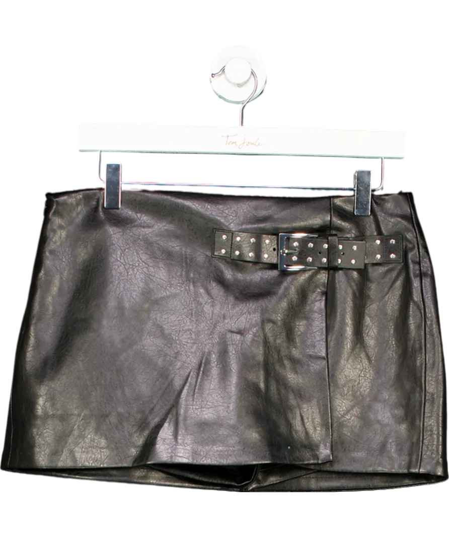 Bershka Black Faux Leather Belted Mini Skirt UK M
