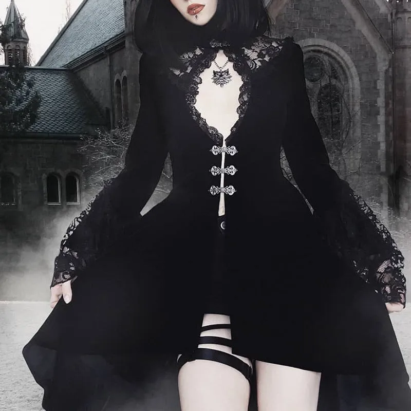 Black Lace Long Sleeve Lantern Sleeve Dress EV4002