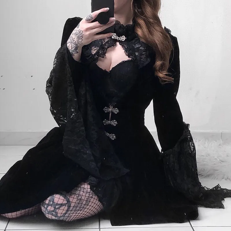 Black Lace Long Sleeve Lantern Sleeve Dress EV4002