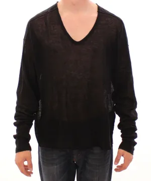 Black Linen Logo V-neck Sweater Pullover