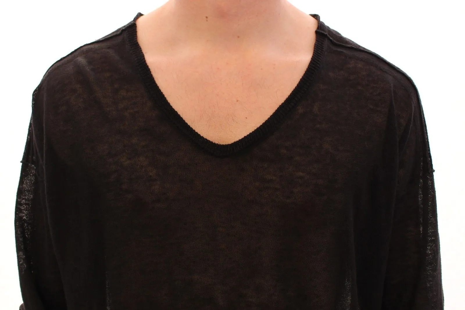 Black Linen Logo V-neck Sweater Pullover