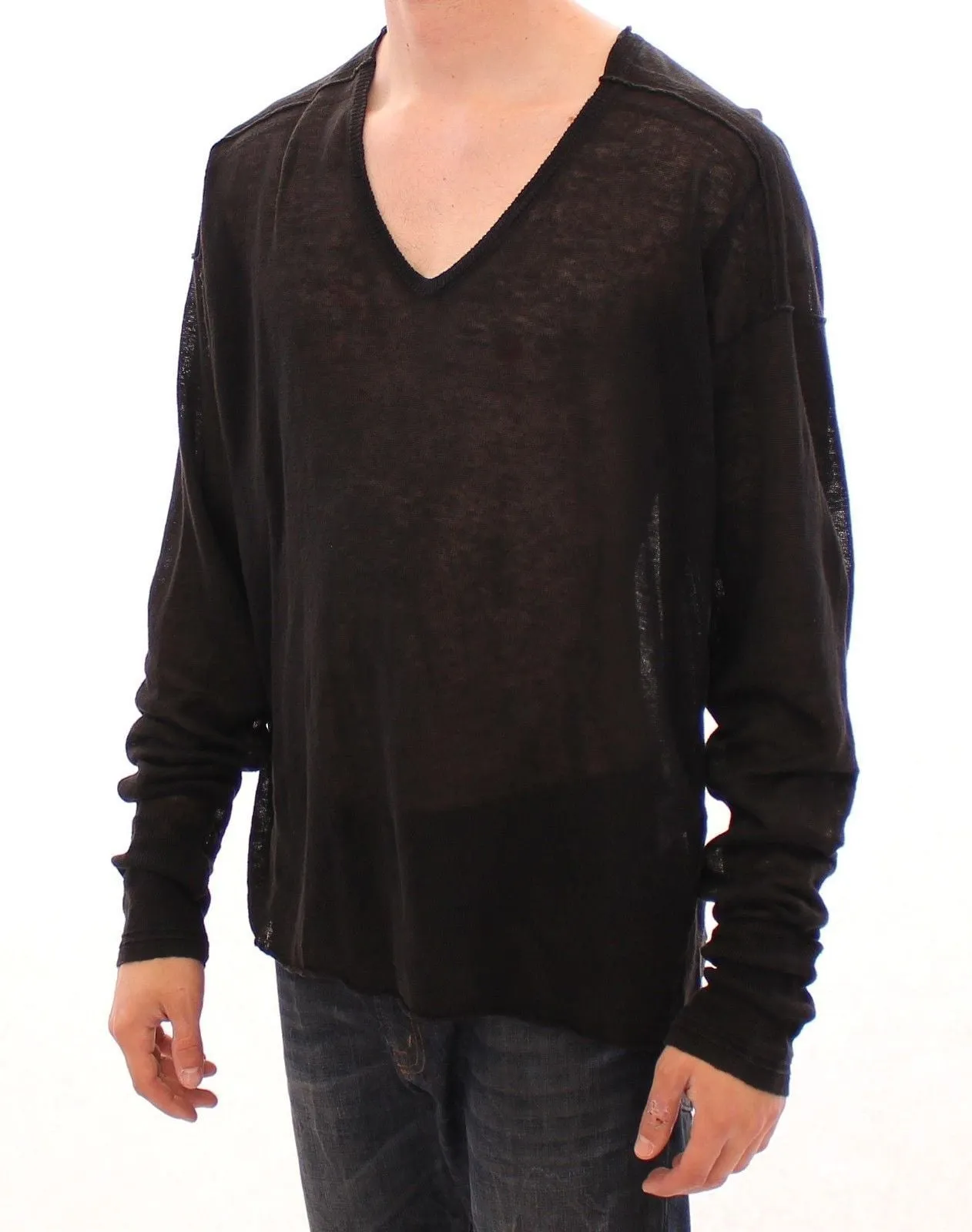 Black Linen Logo V-neck Sweater Pullover