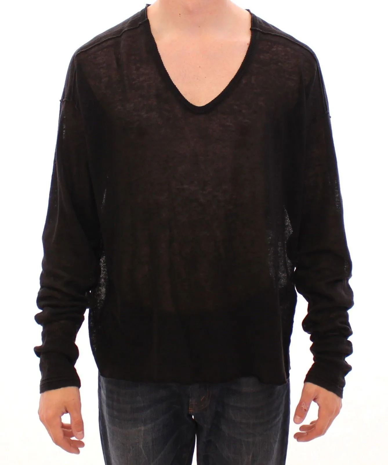 Black Linen Logo V-neck Sweater Pullover