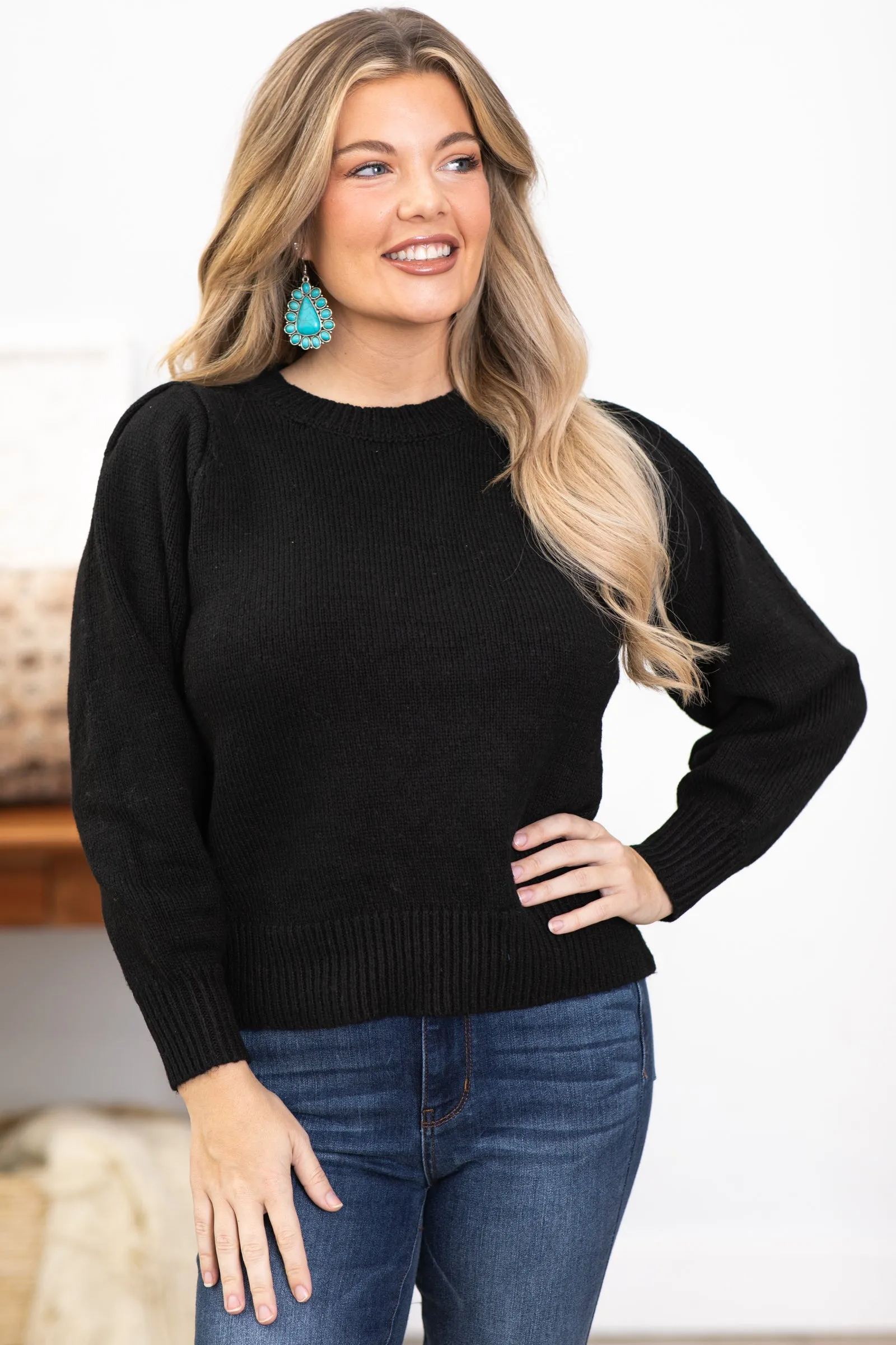 Black Melange Puff Sleeve Sweater