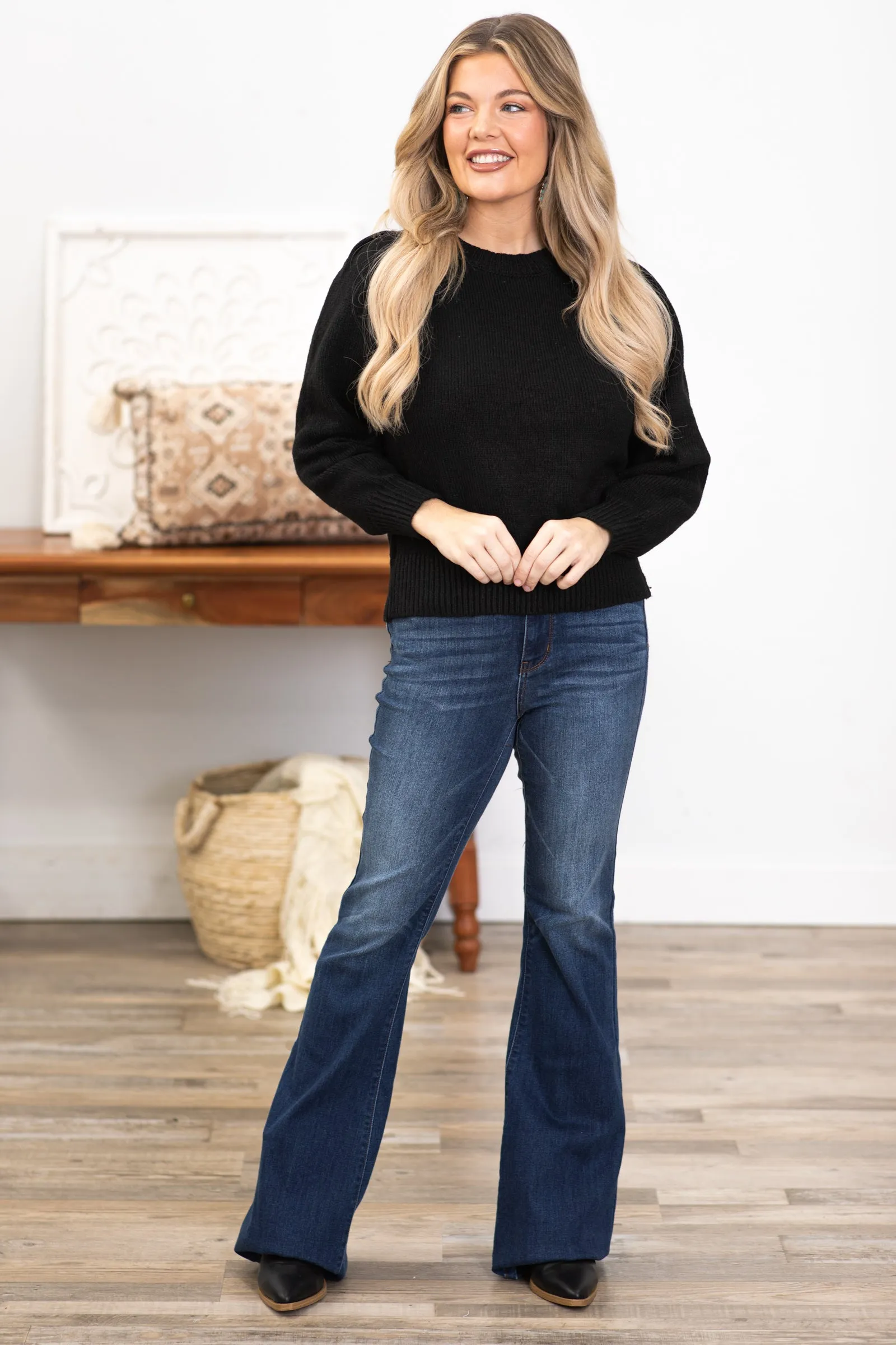 Black Melange Puff Sleeve Sweater