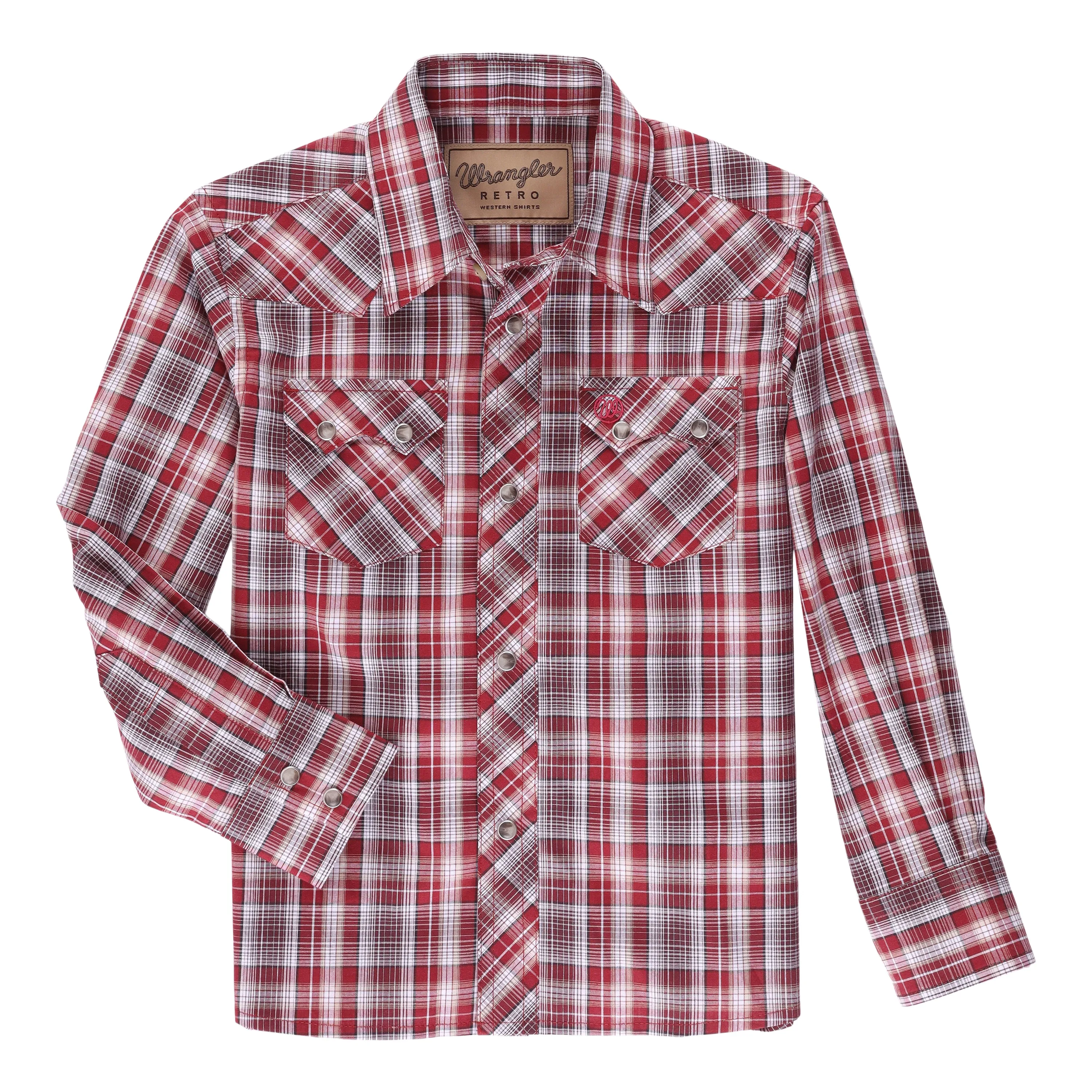 Boys Wrangler Retro Red/White Plaid Western Snap