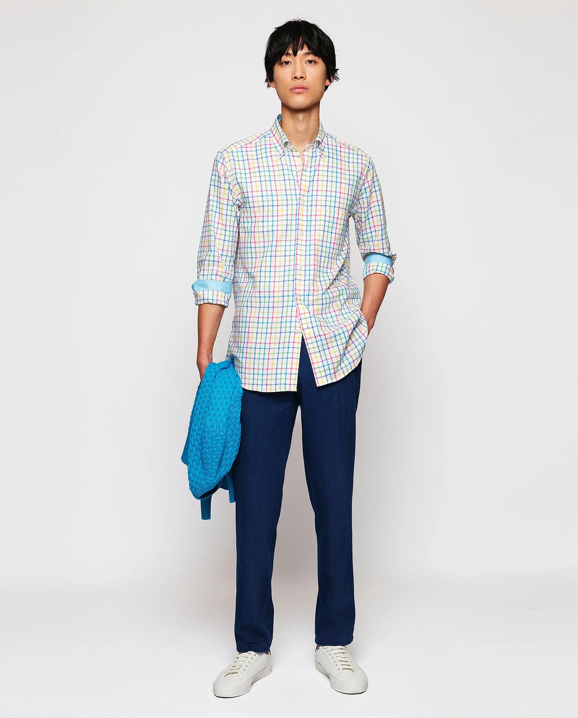 Camisa casual cuadros multicolor algodón