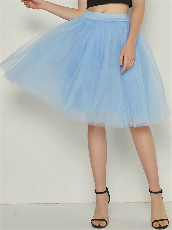 Casual Pretty Knee Length 7 Layers Solid Collor Tulle Skirts