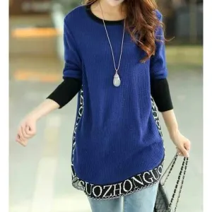 Casual Scoop Neck Long Sleeve Letter Pattern Women's Sweater - Blue One Size(fit Size Xs To M)