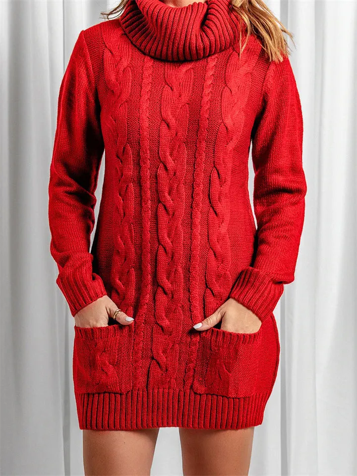 Casual Turtle Neck Knitted Sweater Dresses
