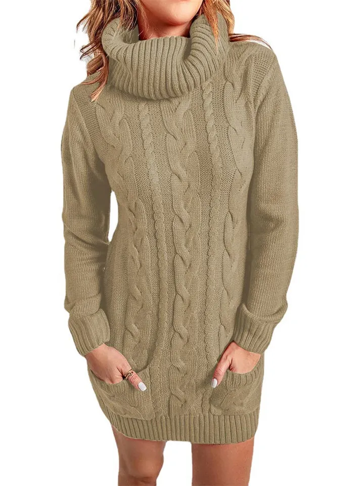 Casual Turtle Neck Knitted Sweater Dresses