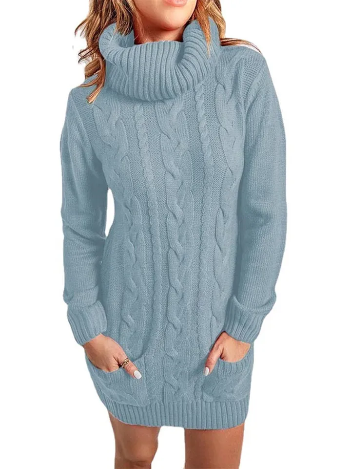 Casual Turtle Neck Knitted Sweater Dresses