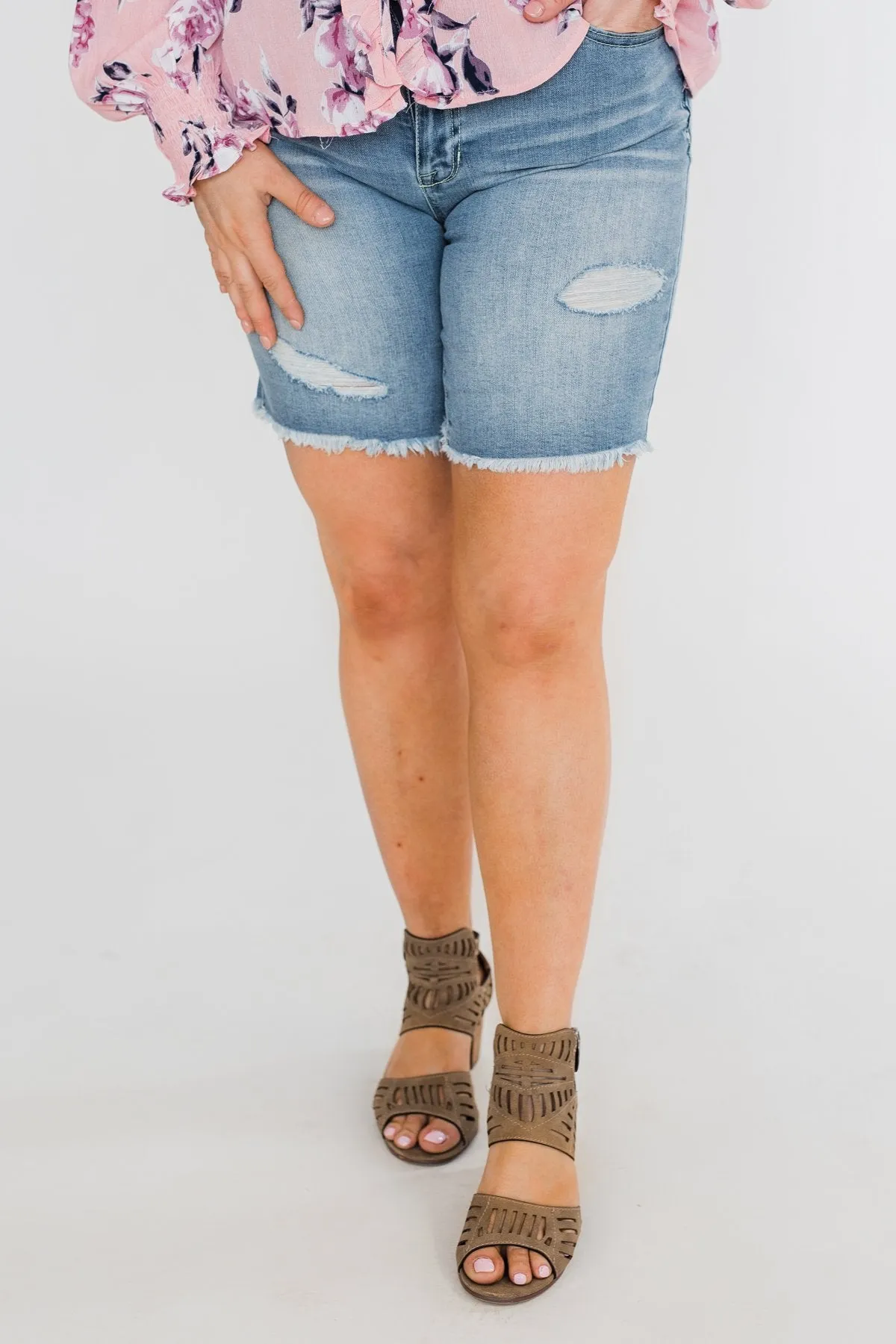 Celebrity Pink Frayed Hem Bermuda Shorts- Light Wash