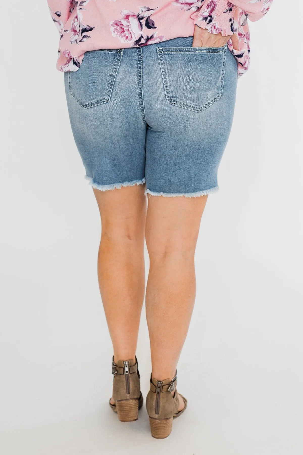 Celebrity Pink Frayed Hem Bermuda Shorts- Light Wash