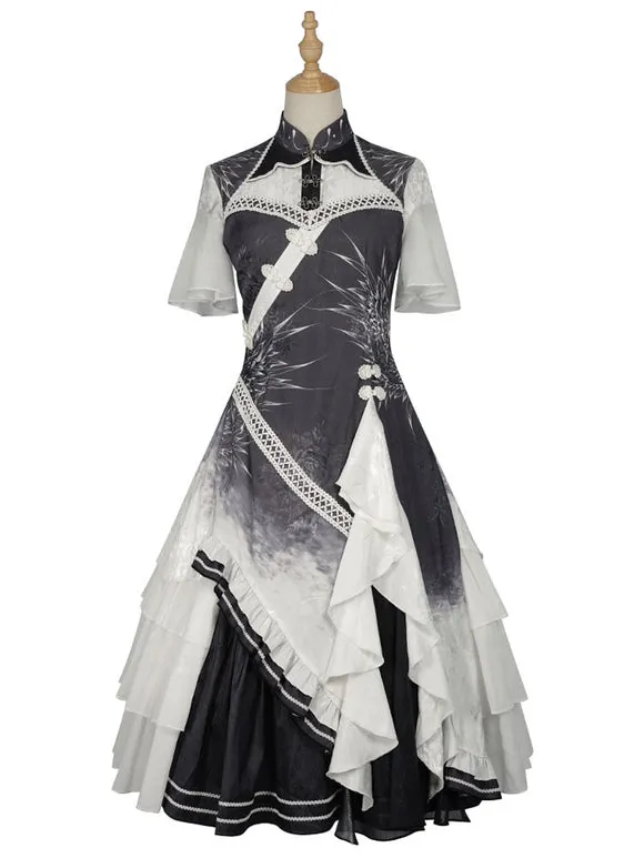 Chinese Style Lolita SK Light Gray Ruffles Polyester Lolita Skirt
