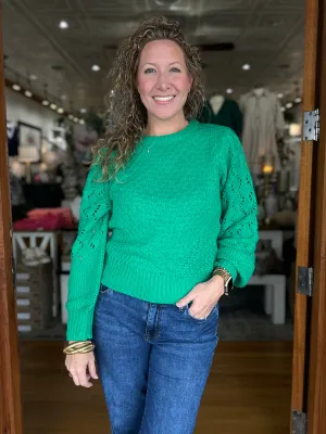 Clover Green Pointelle Puff Sleeve Sweater