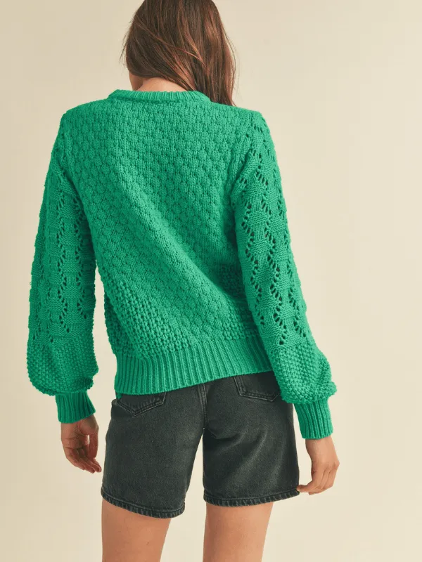 Clover Green Pointelle Puff Sleeve Sweater
