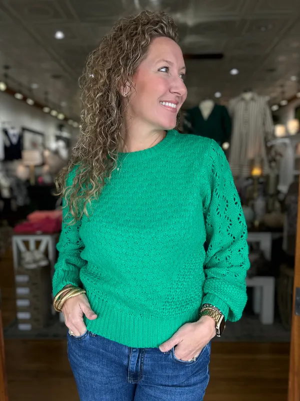 Clover Green Pointelle Puff Sleeve Sweater