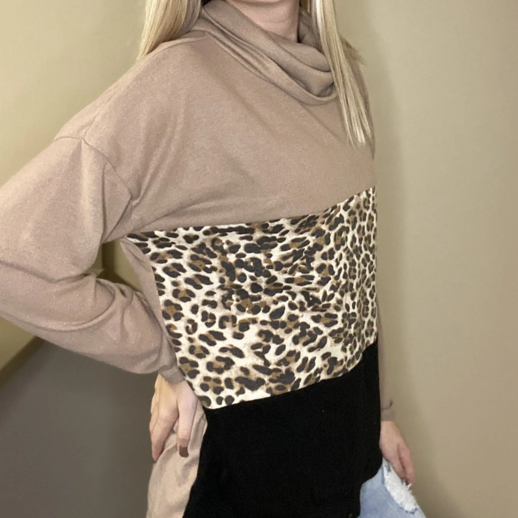 Cowl Neck Cheetah Mocha Block Top