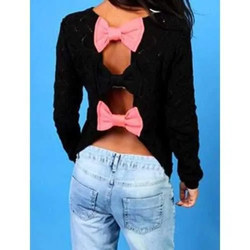 Cute Color Block Back Hollow Out Bowknot Sweater For Women - Black M