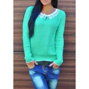 Cute Color Block Jewel Neck Bowknot Sweater For Women - Green S