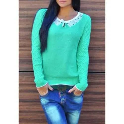 Cute Color Block Jewel Neck Bowknot Sweater For Women - Green S