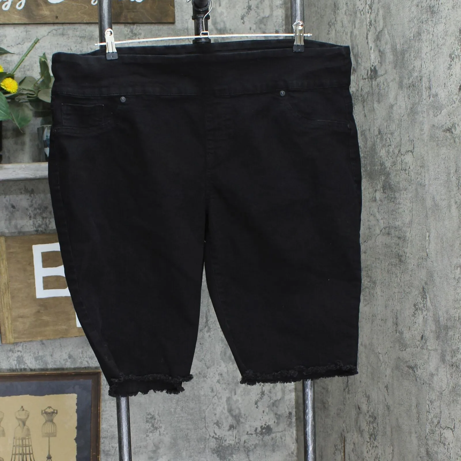 DG2 by Diane Gilman Plus Size Frayed Pull On Denim Bermuda Shorts Black 2X