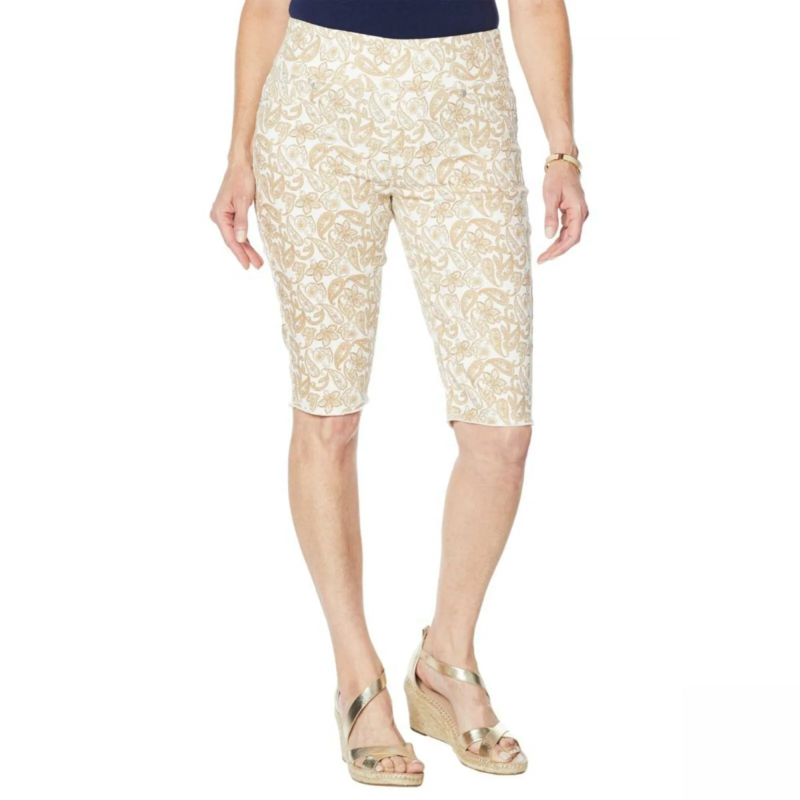 DG2 by Diane Gilman Pull On Bermuda Shorts Khaki Paisley Petite Medium