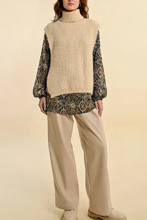 FINAL SALE: MB Sleeveless Open Work Sweater with Turtleneck in Cream