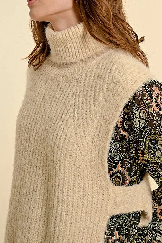 FINAL SALE: MB Sleeveless Open Work Sweater with Turtleneck in Cream