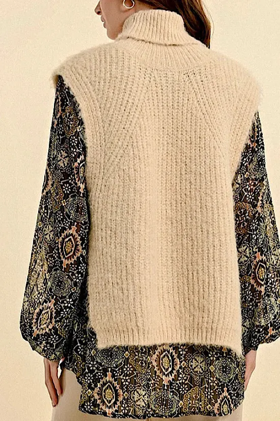 FINAL SALE: MB Sleeveless Open Work Sweater with Turtleneck in Cream