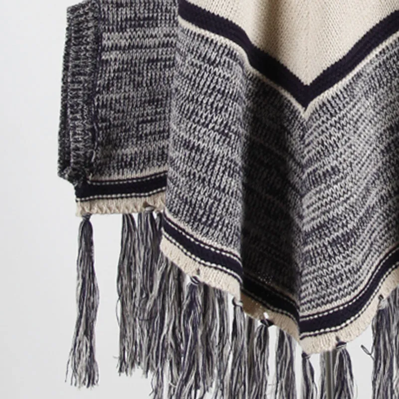 Fringed Shawl Geometric Round Neck Pullover Sweater
