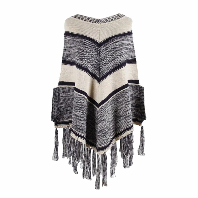 Fringed Shawl Geometric Round Neck Pullover Sweater