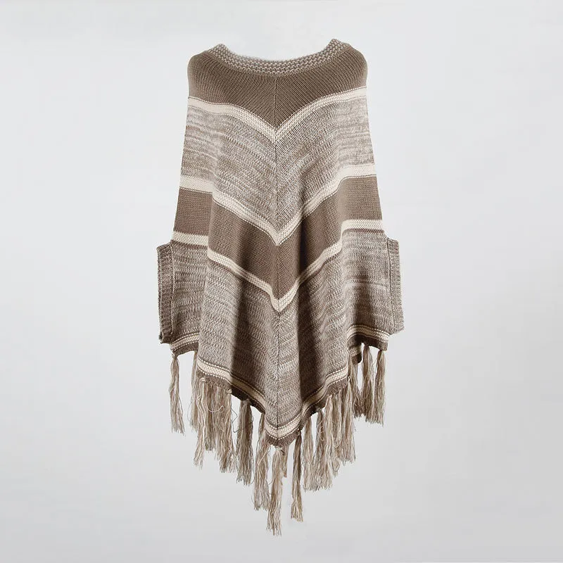 Fringed Shawl Geometric Round Neck Pullover Sweater