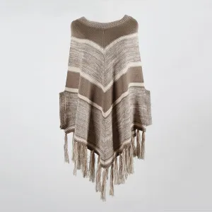 Fringed Shawl Geometric Round Neck Pullover Sweater