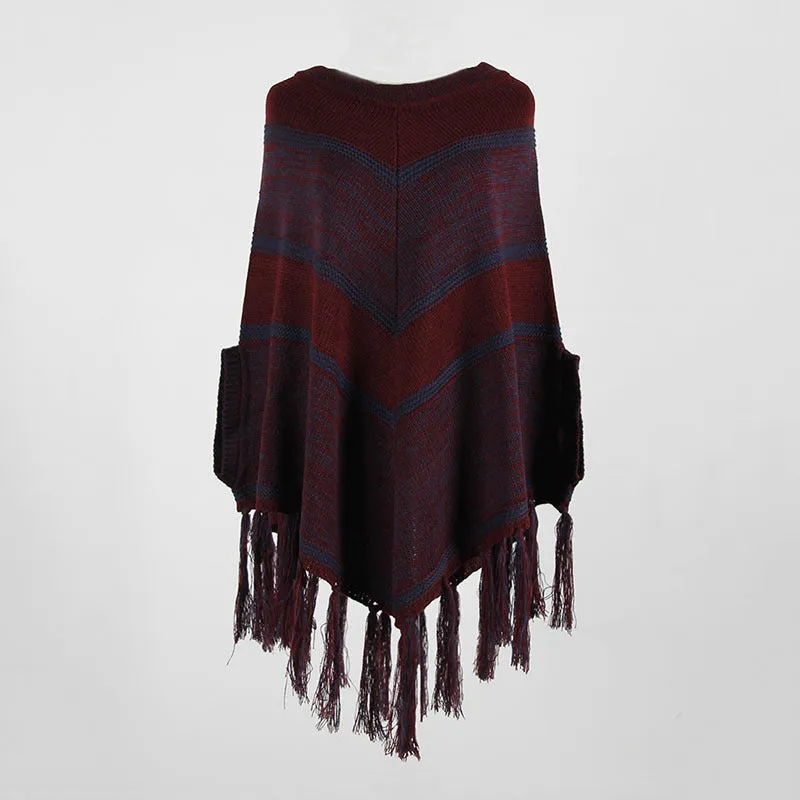 Fringed Shawl Geometric Round Neck Pullover Sweater