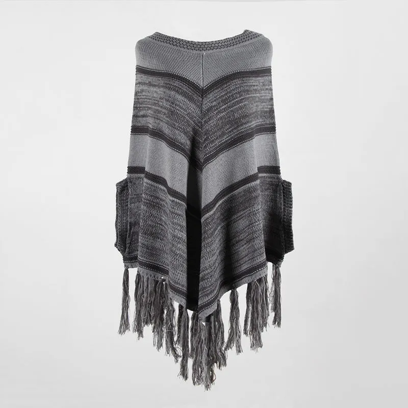 Fringed Shawl Geometric Round Neck Pullover Sweater