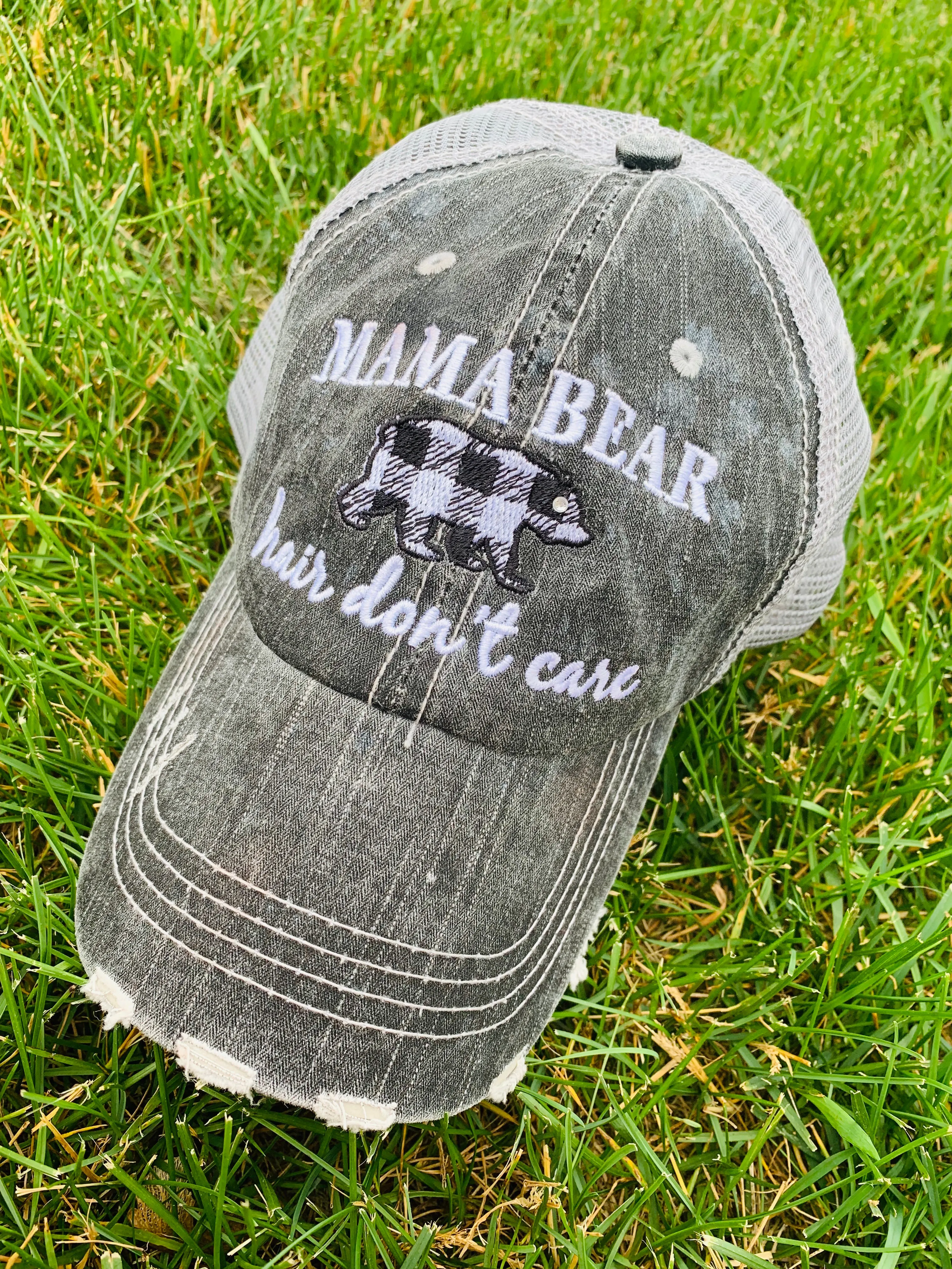 Hats { Mama bear hair dont care } Buffalo plaid, black/white bear • Trucker hat • Distressed • Mom hats •