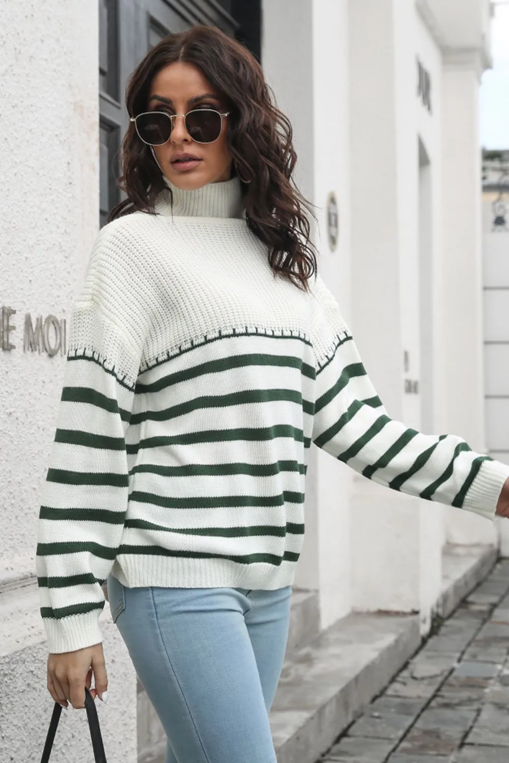 Hayden Striped Turtleneck Drop Shoulder Sweater
