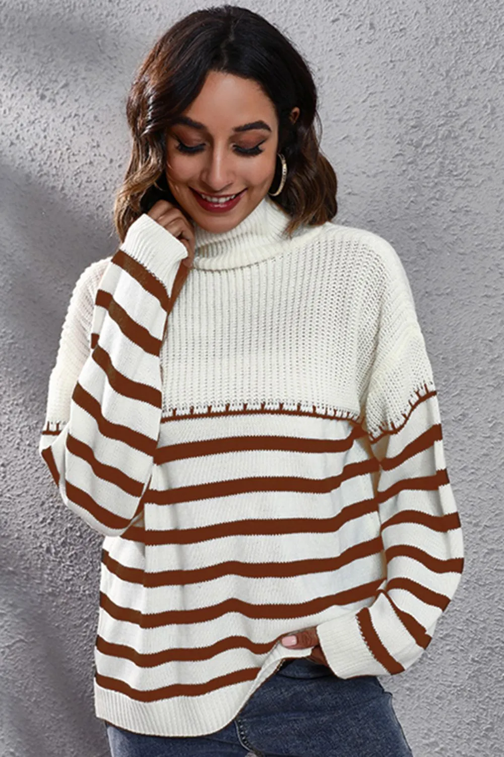 Hayden Striped Turtleneck Drop Shoulder Sweater