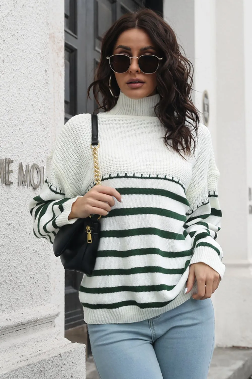 Hayden Striped Turtleneck Drop Shoulder Sweater