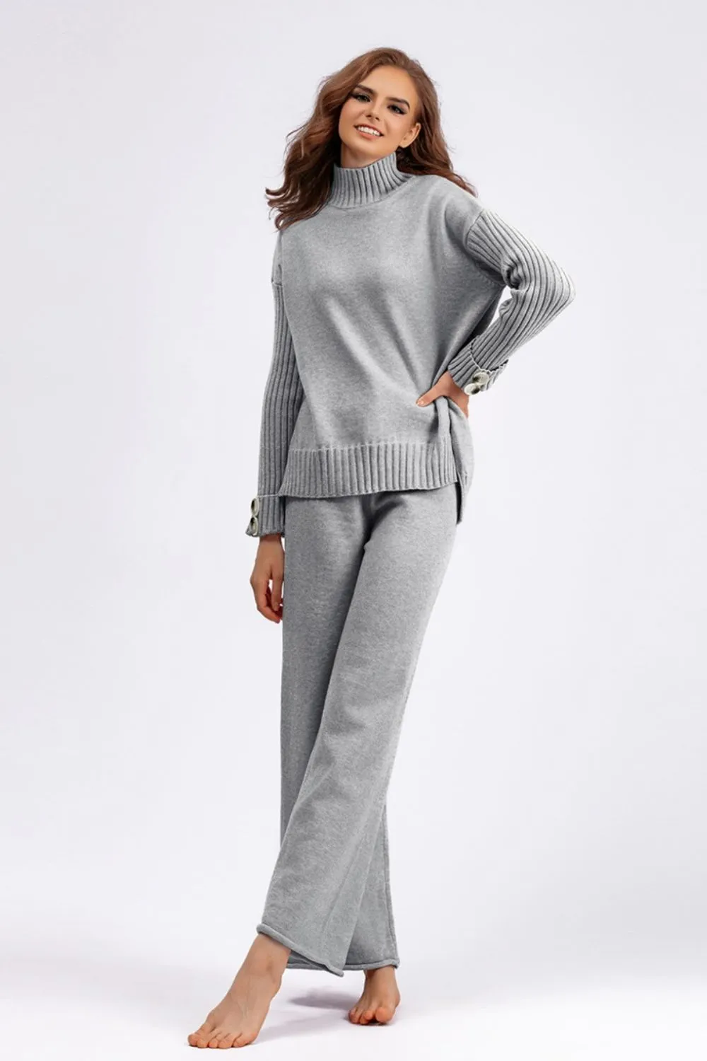 Hazel Blues® |  Basic Bae High- Low Turtleneck Long Sleeve Top and Pants Sweater Set